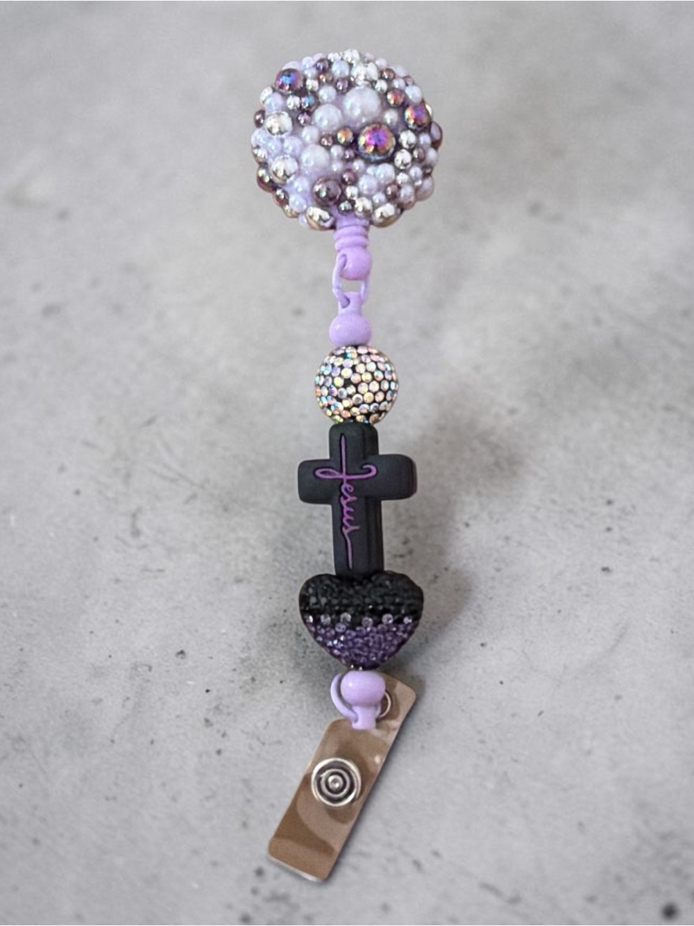 Purple Beaded Cross and Heart Badge Reel